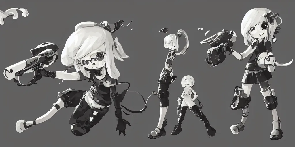 Image similar to splatoon nintendo one character digital painting no blur, concept art, character sheet nier automata 2 d, yoji shinkawa, yoshitaka amano, cyberpunk, trending on artstation, featured on pixiv, hyper detail, cinematic composition, 8 k