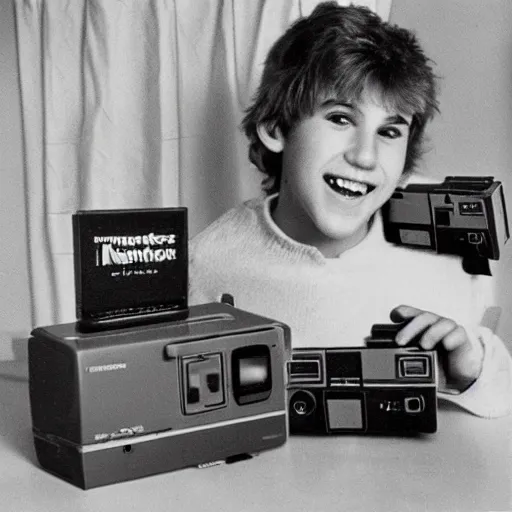 Image similar to christmas morning photo 1 9 8 6 of a typical 1 9 8 0 ’ s teenager after opening their new nintendo game system