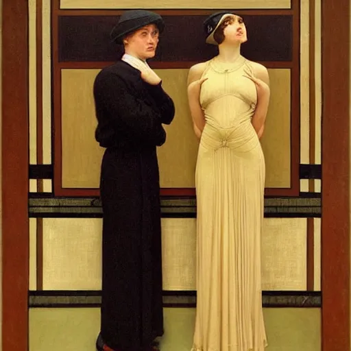 Prompt: a painting of a woman standing next to a man, an art deco painting by Albert Joseph Moore, tumblr, figurative art, art deco, pre-raphaelite, 1920s