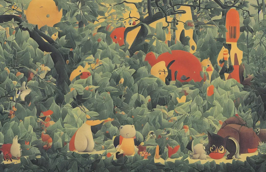 Image similar to the three body problem, style of henri rousseau and richard scarry and hiroshi yoshida, cinematic