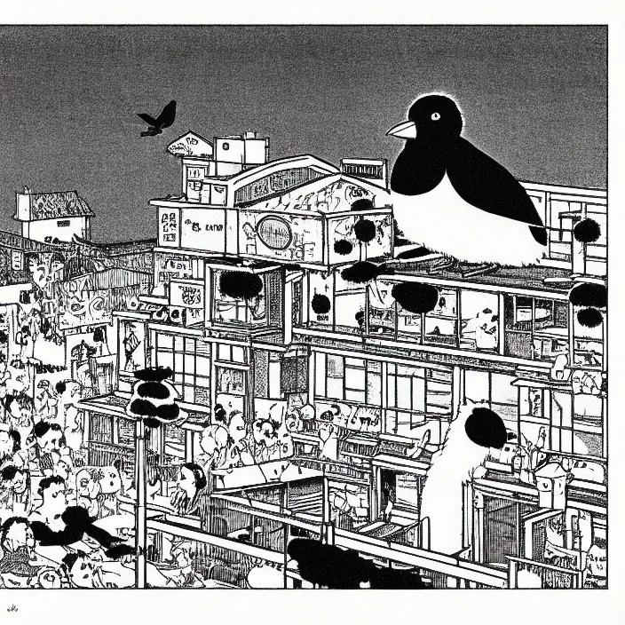 Image similar to a still frame from comic strip, black funny fluffy hairy bird 1 9 5 0, hasui kawase, herluf bidstrup, new yorker illustration, monochrome bw, lineart, manga, tadanori yokoo, simplified, isometric blueprint