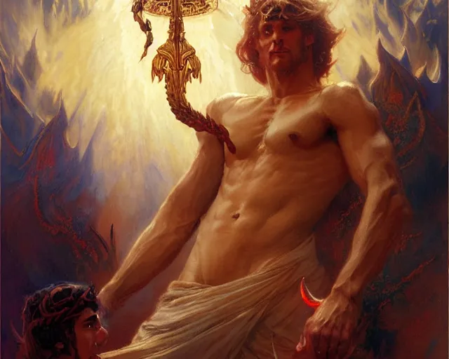 Image similar to attractive male deity, casting demonic magic, summoning handsome lucifer morning star. highly detailed painting by gaston bussiere, craig mullins, j. c. leyendecker 8 k