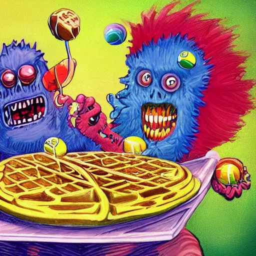 Prompt: a tennis ball monsters eating waffles, colorful, digital art, fantasy, magic, chalk, trending on artstation, ultra detailed, professional illustration by basil gogos