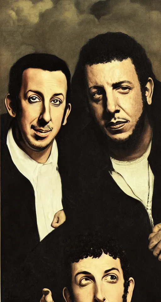 Image similar to adam sandler and kendrick lamar, detailed, 4 k, gothic, realistic, 1 9 3 0, by francisco goya