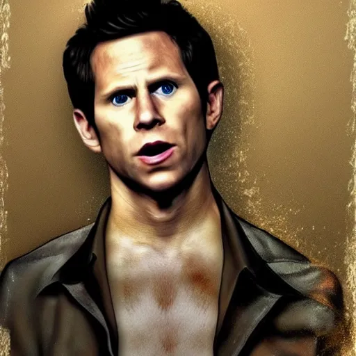 Prompt: dennis reynolds as the golden god, photo realism, perfect face, realistic