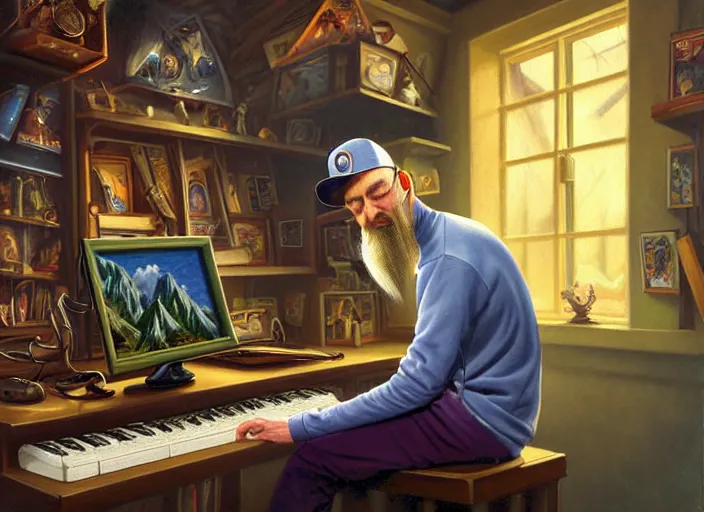 Prompt: classic oil painting, side view of a fantasy wizard using a pc, gaming, retro 6 0 s computer, sitting inside a cluttered storage room, wearing a cap, cottagecore, long wavy beard, keyboard, extremely detailed, digital illustration, concept art, readability, smooth, sharp focus, art by alex grey, art by brothers hildebrandt