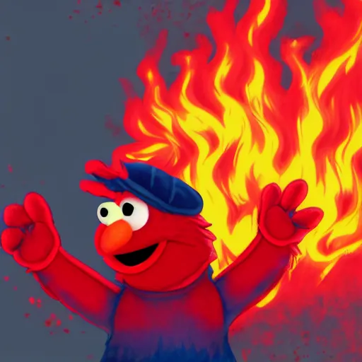 Image similar to Elmo raising his hands while the background is on fire, 4k, digitally drawn.