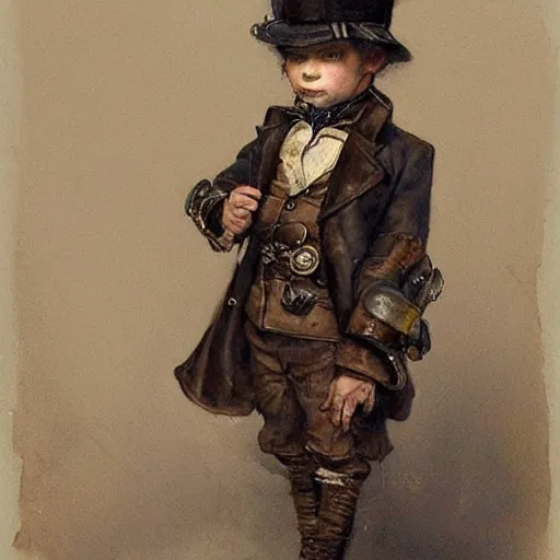 Prompt: by Jean-Baptiste Monge !!!!!!!!!!!!!!!!!!!!!!!!!!! (((((((((portrait of boy dressed as steampunk detective wearing leather gloves . muted colors.)))))))))