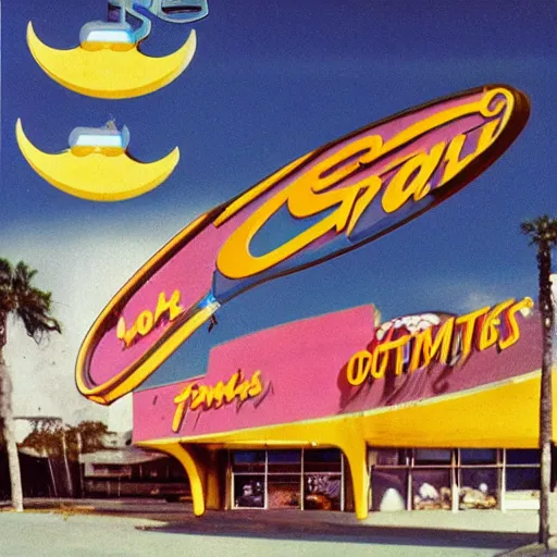 Image similar to Googie Kitsch aesthetic, Liminal space in outer space, googie motifs