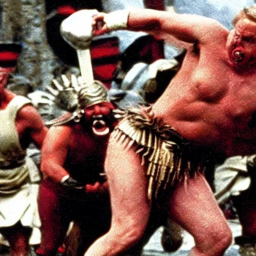 Prompt: Astérix and Obélix fighting roman soldiers in American Psycho (1999)