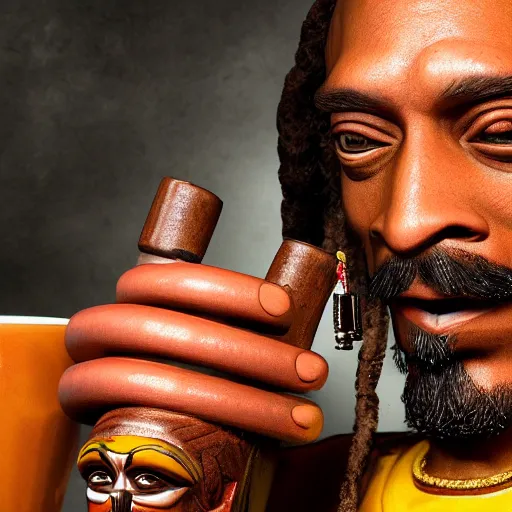 Image similar to a closeup photorealistic photograph of happy blunt smoking snoop dogg at trader vic's bar sitting next to a trader vic's style tiki mug featuring the face of snoop dogg. tiki culture. bright scene. 4 k hd image that's trending on artstation, featured on behance, well rendered, extra crisp, features epic composition and the style of unreal engine.