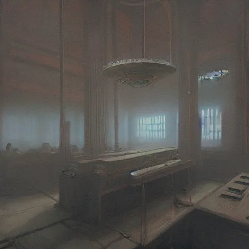 Prompt: byzantine science fiction courtroom filled with cryogenic capsules spilling white smoke, by greg rutkowski, zdzisław beksinski, anato finnstark, and rembrandt