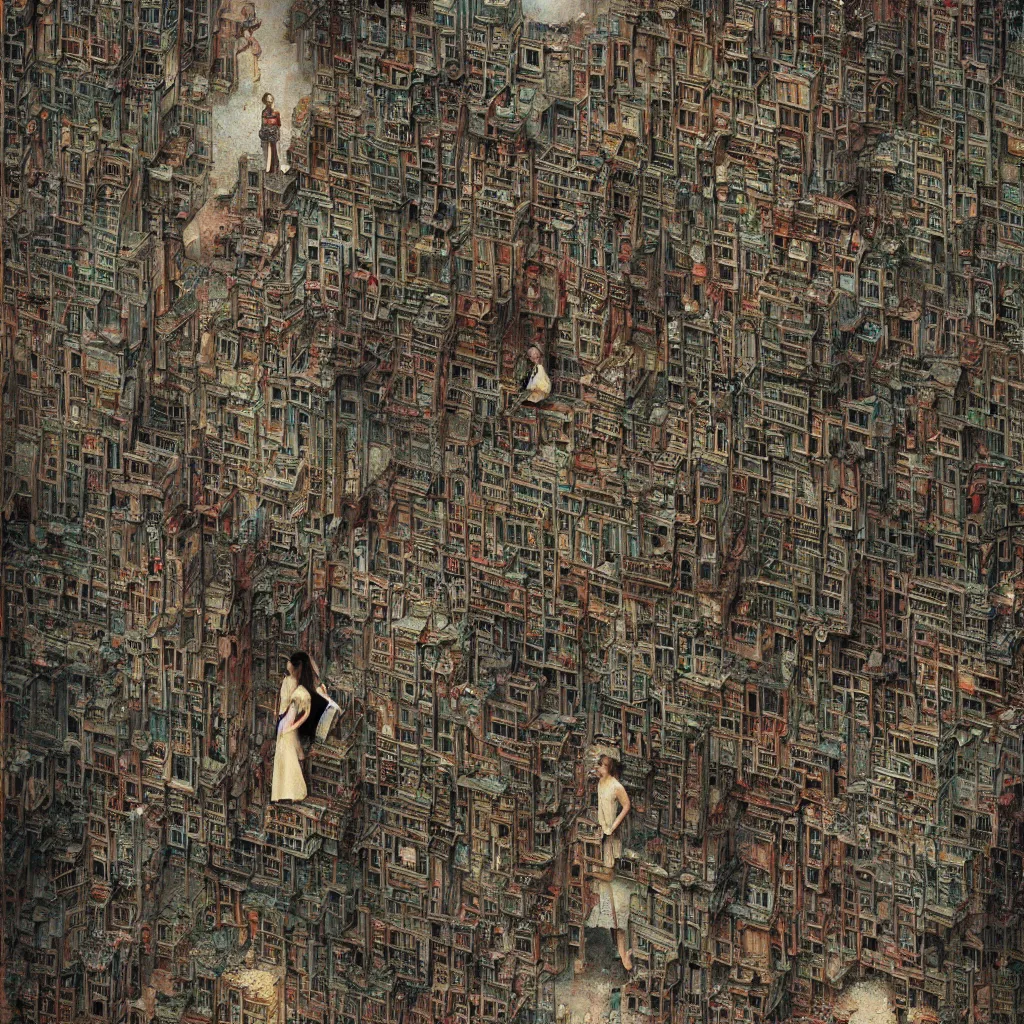 Image similar to woman in a dress shaped like the kowloon walled city by james gurney