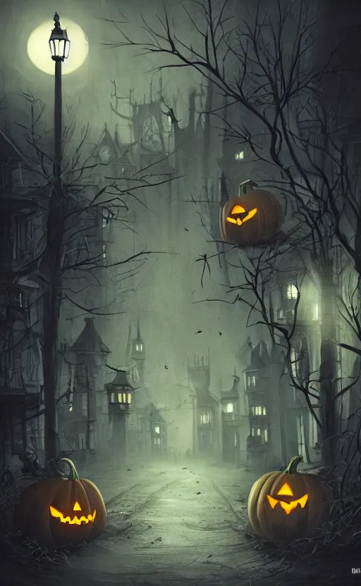 Image similar to a creepy and eery Halloween setting, with Jack o lanterns on the street and shadow figures lurking about, dynamic lighting, photorealistic fantasy concept art, stunning visuals, creative, cinematic, ultra detailed, trending on art station, spooky vibe