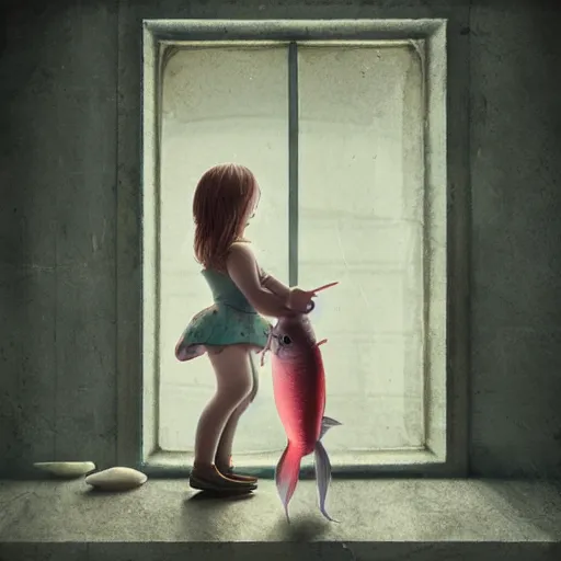 Image similar to the same style. the most beautiful little fat sweet girl is kissing a huge colorful cute fish. modern etching. colored print. hype realistic scene. old photography style. studio lighting. window. 3 d, octane render, deep focus, zbrush