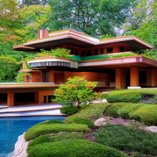 Image similar to large house in the style of Frank Lloyd Wright, like Fallingwater, painted as Seurat