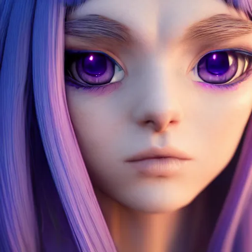 Prompt: close up, macro, render as a very beautiful 3d anime girl, goddess of lightning, long braided purple hair, azure blue eyes, full round face, short smile, cinematic lightning, medium shot, mid-shot, highly detailed, trending on Artstation, Unreal Engine 4k, cinematic wallpaper