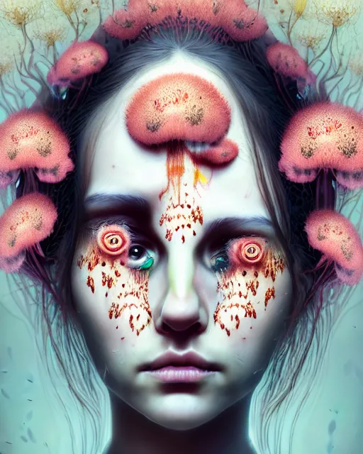 Prompt: a digital horror portrait of a beautiful sad woman with flowers and fungus growing out of her head and petals dripping from her eyes, intricate, sharp focus, digital illustration, highly detailed, octane render, digital painting, matte, art by professional artist