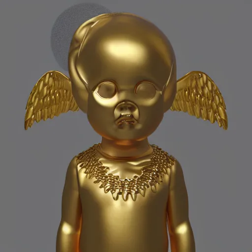 Prompt: a high tech 3 d rendering of a a baby cherub angel wearing a balaclava face mask, ski mask, face covered, covered face, fixed eyes, tattoos, multiple gold cuban chain necklace, concept art octane render, blender, cinema 4 d