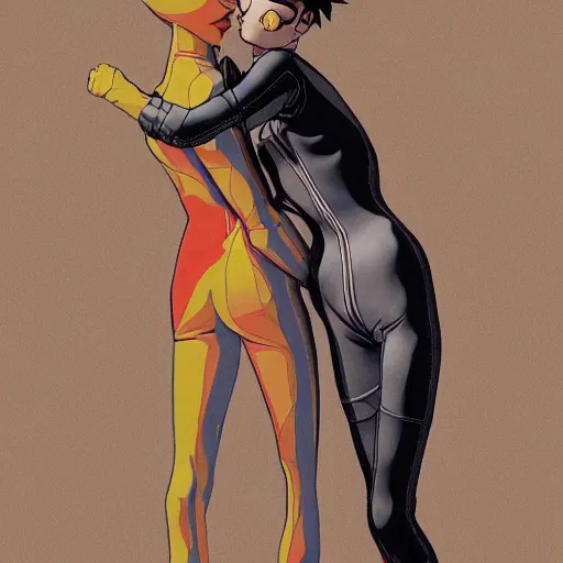 Image similar to thin androgynous girl with boy's body in catsuit. illustration by james jean and satoshi kon and erik jones, inspired by evangelion, smooth feature, intricate oil painting, high detail illustration, sharp high detail