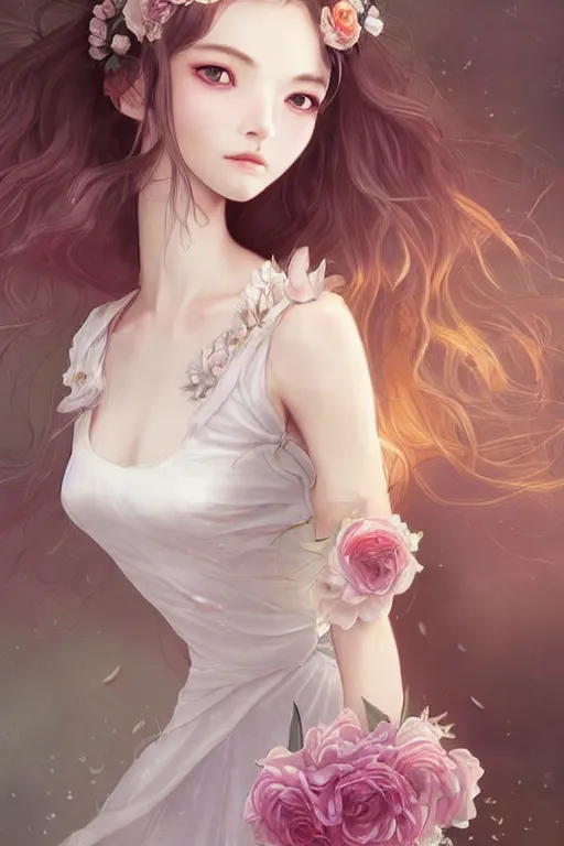 Image similar to romantic and fashion and love princess of the flower with sheath dress, 8 k realistic, teenager girl, baroque, symmetrical, flowing hair, smile, trending pinterest and pixiv, muted colors, hyperrealistic, l close up shot, character concept art, face by kyoung hwan kim, alexandra fomina, ilya kuvshinov