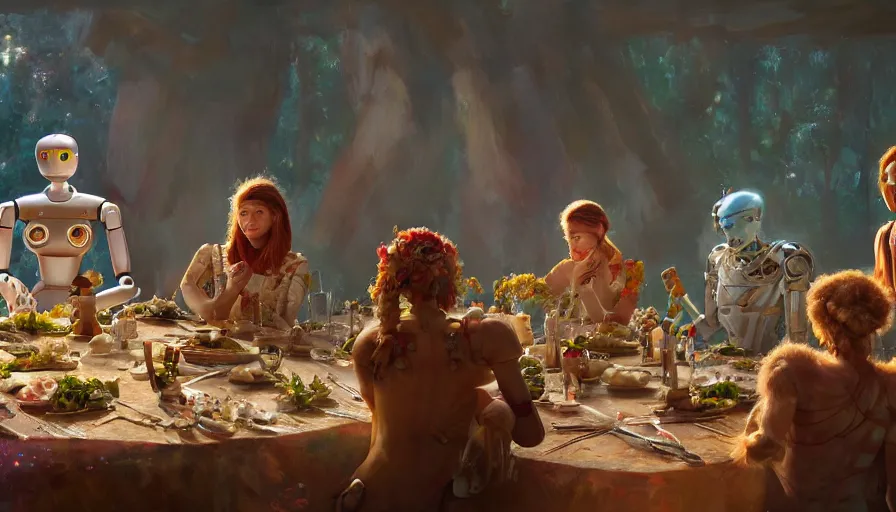 Image similar to a table dinner of humanoid robots where robots are dressed like the characters from the midsommar movie, realistic detailed digital art by maxwell boas jessica rossier christian dimitrov anton fadeev trending on artstation cgsociety rendered in unreal engine 4 k hq