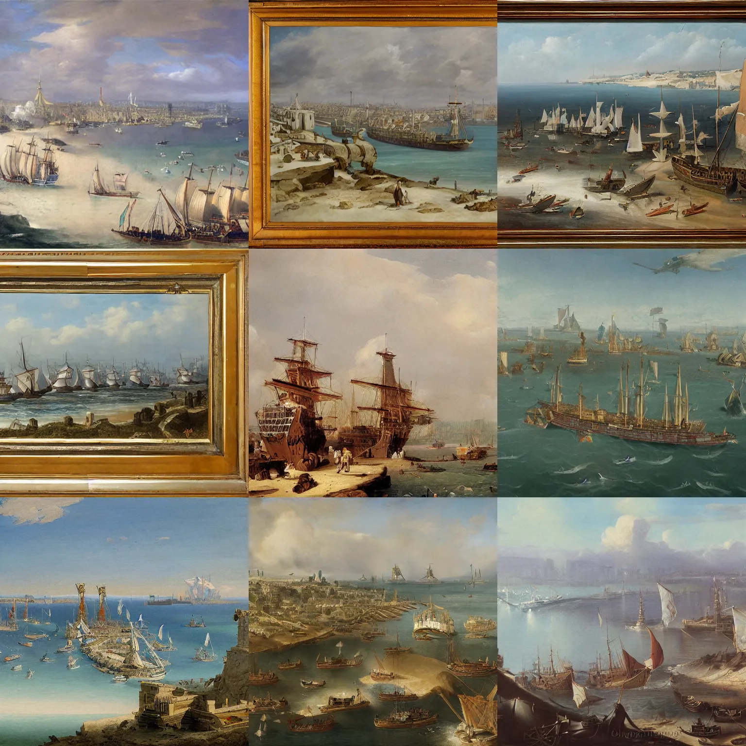 Prompt: painting of a coastal kingdom with port filled with ships seen from the sky by james gurney