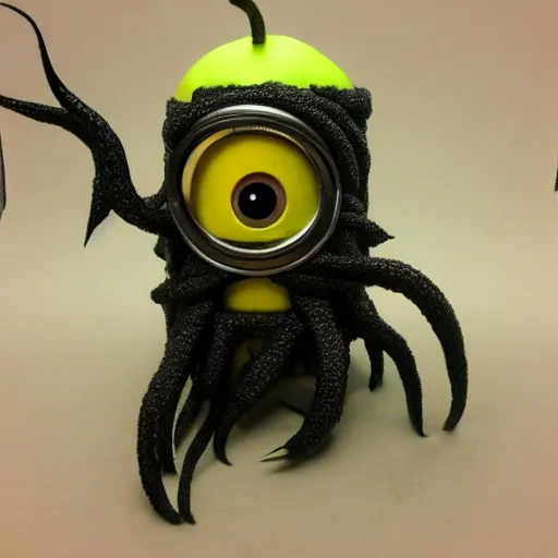 Image similar to Minion as Lovecraft's monster, a lot of tentacles, evil, angry face, dark colours, green colours, high resolution, 50 mm, extremely realistic, cave