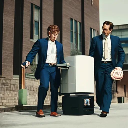 Prompt: three men in business casual outfits beating the shit out of a printer with a baseball bat, movie still, outside, sunny day