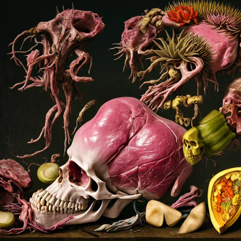 Prompt: still life of beautiful pastel tropical alien flowers, skull, human body parts, tropical fruit, human spine, rotten meat flesh with colorful mold, muscle tissue, spikes, baroque painting, beautiful detailed intricate insanely detailed octane render, 8K artistic photography, photorealistic, chiaroscuro, Raphael, Caravaggio