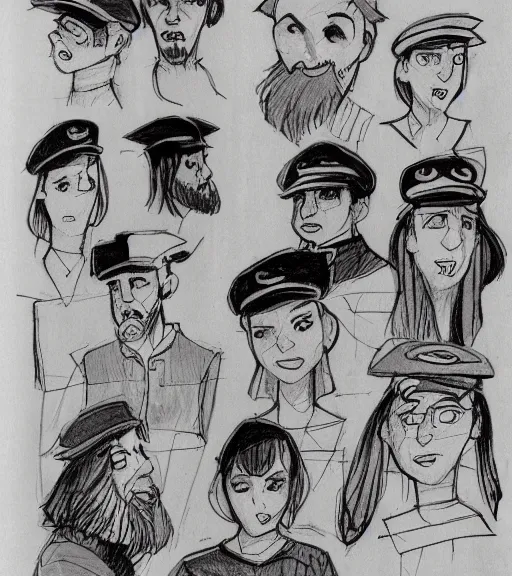 Image similar to full page scan of many character design sketches. young man, young mother, man with beard. Everyone has pale grey eyes. sailor caps, German, tapa, simple clothing. in the style of Jillian Tamaki and Richard Corben. costume designs, pleasant faces, nature colors