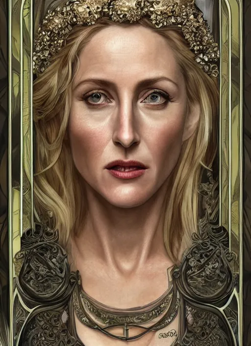 Image similar to Gillian Anderson as a Roman Goddess, beautiful detailed eyes, cute, fantasy, intricate, elegant, highly detailed, digital painting, 4k, HDR, concept art, detailed jewelry, smooth, sharp focus, illustration, art by Artgerm, H R Giger and Alphonse Mucha , tarot card