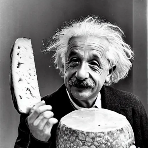 Prompt: albert einstein eating a large wheel of cheese