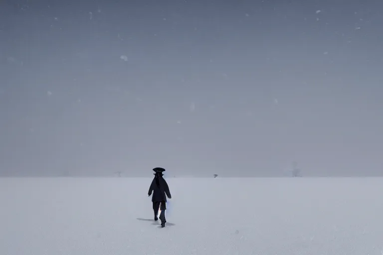 Prompt: a person walking across a snow covered field, landscape inspired by salvador dali, a matte painting by li shida, cgsociety, context art, redshift, matte painting, reimagined by industrial light and magic