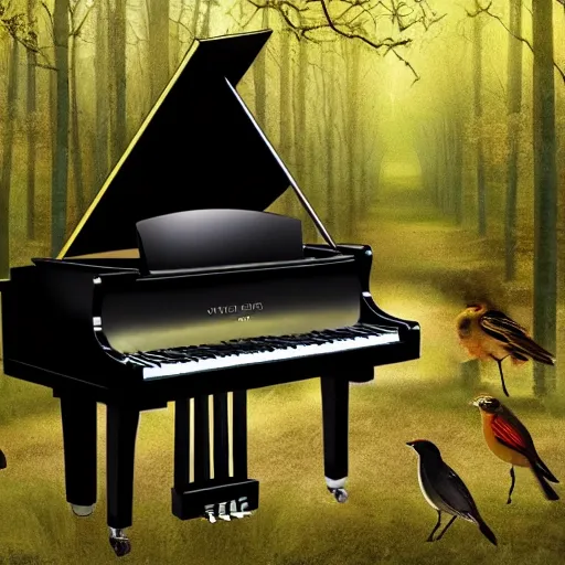 Image similar to grand piano in the middle of the forest, detailed, realistic, birds on the piano