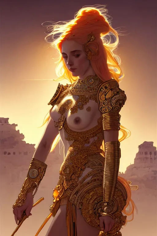 Image similar to portrait knights of zodiac girl, golden and copper shining armor, in ruined agora of athens sunrise, ssci - fi and fantasy, intricate and very very beautiful and elegant, highly detailed, digital painting, artstation, concept art, smooth and sharp focus, illustration, art by tian zi and ilya kuvshinov and wlop and alphonse mucha