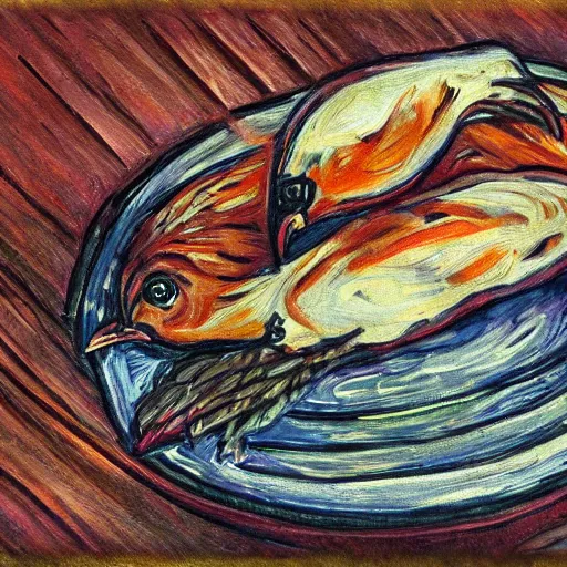 Image similar to painting of a chicken made of chicken wings on a raft, realistic, stylized, artstation, edward munch