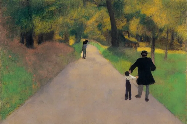 Prompt: a man with dark hair holding the hands of a young boy with dark hair as they walk down a suburban highway on a bright beautiful colorful day. in the style of an edgar degas painting.