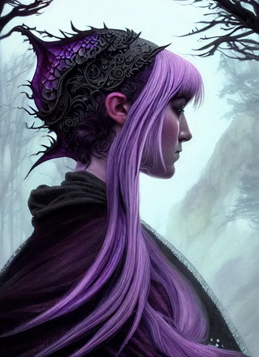 Prompt: side portrait Saoirse Ronan as dark witch, adventurer outfit large cloak, fantasy forest landscape, dragon scales, fantasy magic, undercut hairstyle, short purple black fade hair, dark light night, intricate, elegant, sharp focus, illustration, highly detailed, digital painting, concept art, matte, art by WLOP and Artgerm and Greg Rutkowski and Alphonse Mucha, masterpiece