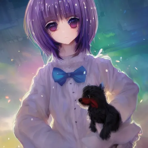 Prompt: advanced full body digital anime art::cute short anime girl + dog hybrid, short white hair, purple watery eyes, full round face :: cinematic lighting, rim lighting, very highly intricately detailed, trending on pixiv :: WLOP, RossDraws, RuanJia, James Jean, Andrei Riabovitchev, Totorrl, Marc Simonetti, Visual Key, and Sakimichan