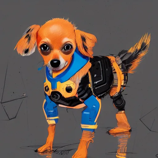 Prompt: a robotic super hero honey colored chihuahua puppy Showing off her streetwear , artstation, greg rutkowski, cinematic , digital Art