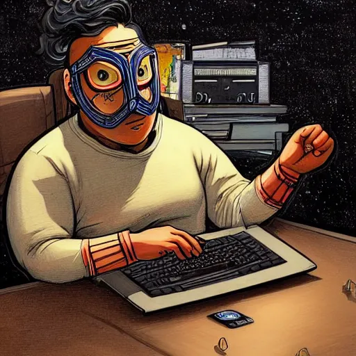 Image similar to an insanely detailed painting of a chubby nerdy asian man wearing a homemade superhero costume and mask, sitting at a computer desk typing on the keyboard, in the style of peter mohrbacher, dramatic lighting and composition, trending on artstation, concept art, comic book, graphic novel, back view