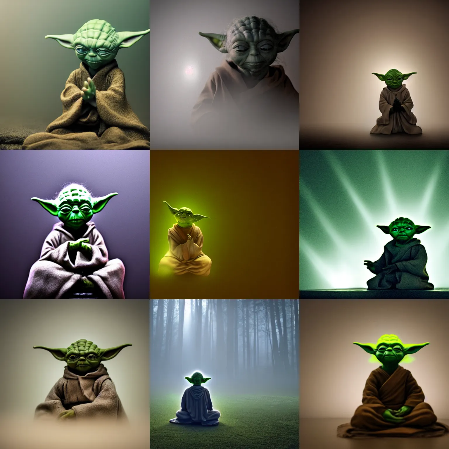 Prompt: yoda meditating in a dim spotlight with light fog, moody lighting