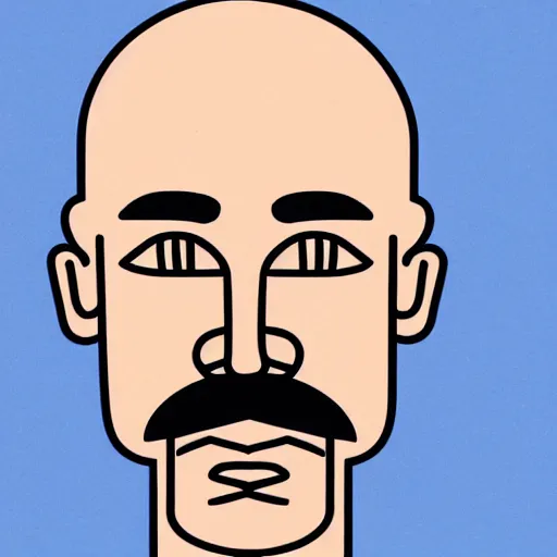 Image similar to hand - drawn minimalistic line portrait of bald man with round face, short beard, small round eyebrows, wide lips and kind blue eyes, black and white, pictogram, ink, pencil