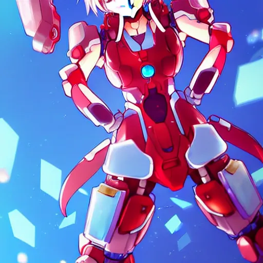 Image similar to digital anime art, wlop, rossdraws, sakimimichan, > > very small cute girl < < standing on a large table, red mech arms and red mech legs,