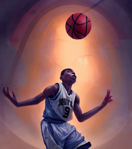 Prompt: portrait of a boy playing basketball in a basketball court, intense emotion, intricate, elegant, highly detailed, centered, digital painting, artstation, concept art, smooth, sharp focus, illustration, by Peter Mohrbacher, WLOP