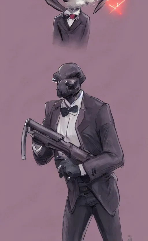 Image similar to rabbit as a hitman, suit and tie, with silenced gun, dynamic lighting, fantasy concept art, trending on art station, stunning visuals, creative, cinematic, ultra detailed, comic strip style