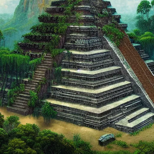 Image similar to a beautiful and highly detailed matte painting of a mayan pyramid ruin in a lush forest, intricate details, epic scale, insanely complex, 8 k, sharp focus, hyperrealism, by caspar friedrich,