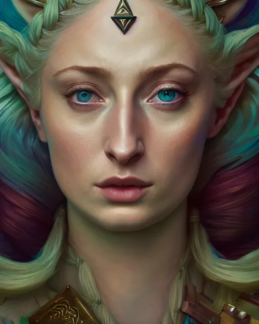 Prompt: highly detailed surreal vfx portrait of sophie turner as princess zelda, stephen bliss, unreal engine, greg rutkowski, loish, rhads, beeple, makoto shinkai and lois van baarle, ilya kuvshinov, rossdraws, tom bagshaw, alphonse mucha, global illumination, detailed and intricate environment