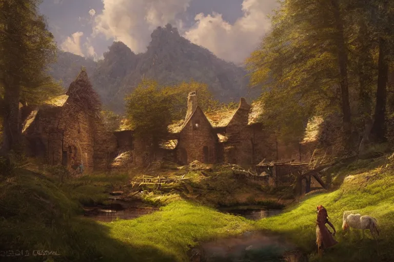 Image similar to a medieval farm with a stream in a forested valley by jessica rossier and brian froud cinematic painting